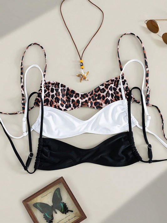 Swim Vcay Multiple Pieces Women Lace-Up Bikini Top Set,Leopard Print,Black And White Polkadot,Summer Casual Beach Holiday Vacation,Cute Bathing Suits