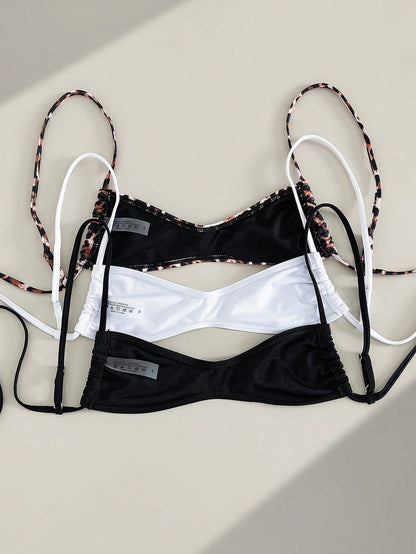 Swim Vcay Multiple Pieces Women Lace-Up Bikini Top Set,Leopard Print,Black And White Polkadot,Summer Casual Beach Holiday Vacation,Cute Bathing Suits