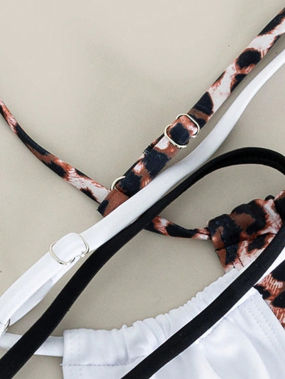 Swim Vcay Multiple Pieces Women Lace-Up Bikini Top Set,Leopard Print,Black And White Polkadot,Summer Casual Beach Holiday Vacation,Cute Bathing Suits