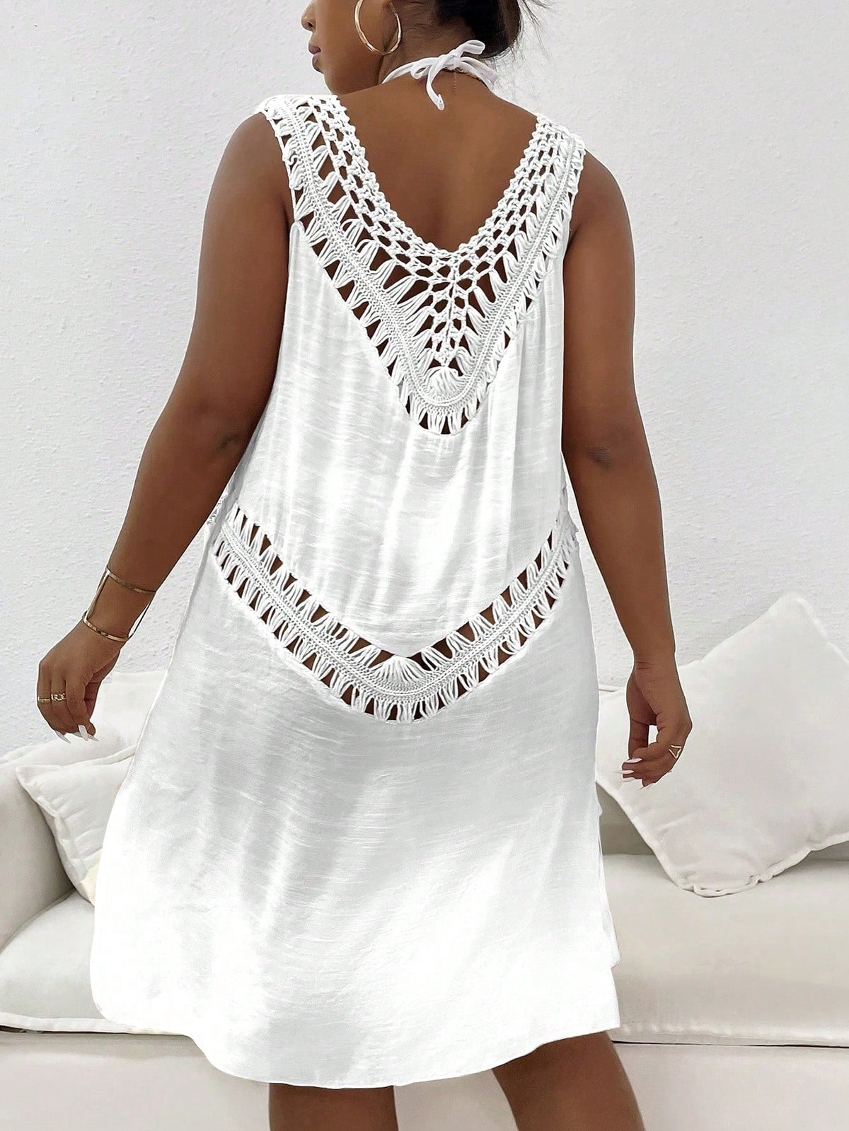 Swim Vcay Plus Size Women Solid Color Knitted Crochet V-Neck Vest, Bohemian Casual Beach Bikini Cover Up, Summer