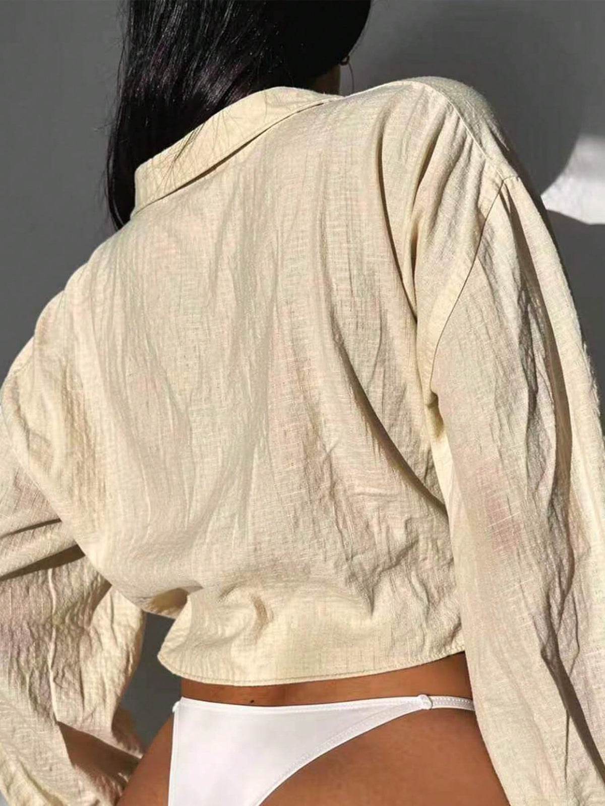 Swim Vcay Summer Beach Plain Tie Front Flounce Sleeve Kimono Without Bra Green Blousesfront Tie Top