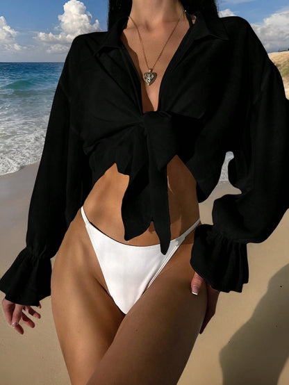 Swim Vcay Summer Beach Plain Tie Front Flounce Sleeve Kimono Without Bra Green Blousesfront Tie Top