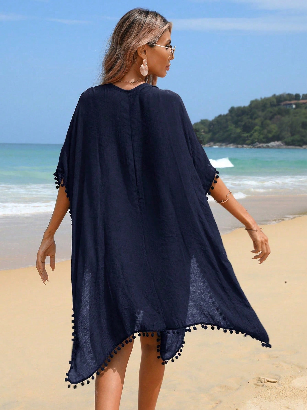 Swim Vcay Summer Beach Pom Pom Trim Batwing Sleeve Cover Up