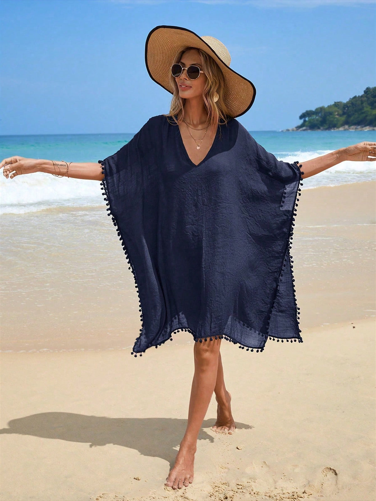 Swim Vcay Summer Beach Pom Pom Trim Batwing Sleeve Cover Up