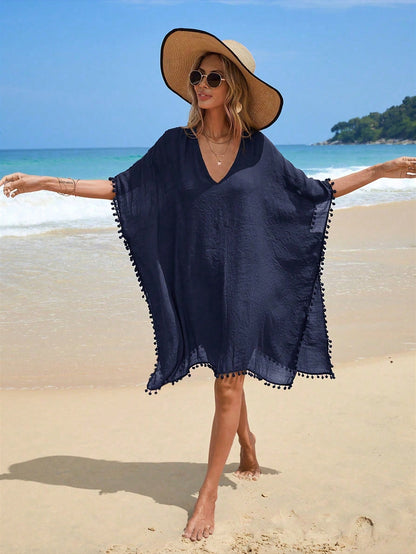 Swim Vcay Summer Beach Pom Pom Trim Batwing Sleeve Cover Up