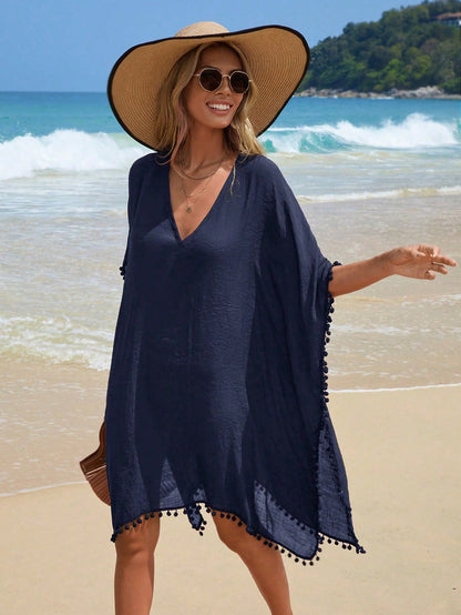 Swim Vcay Summer Beach Pom Pom Trim Batwing Sleeve Cover Up