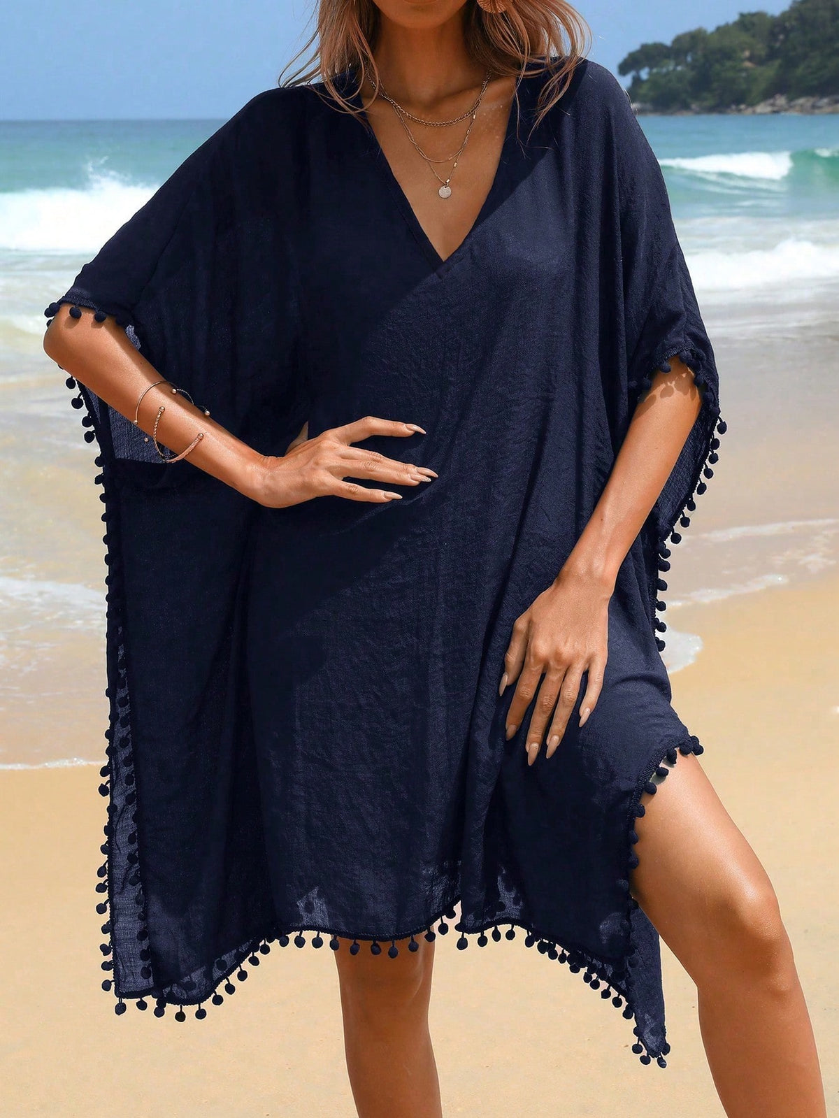 Swim Vcay Summer Beach Pom Pom Trim Batwing Sleeve Cover Up