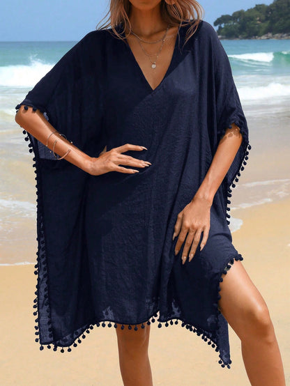 Swim Vcay Summer Beach Pom Pom Trim Batwing Sleeve Cover Up
