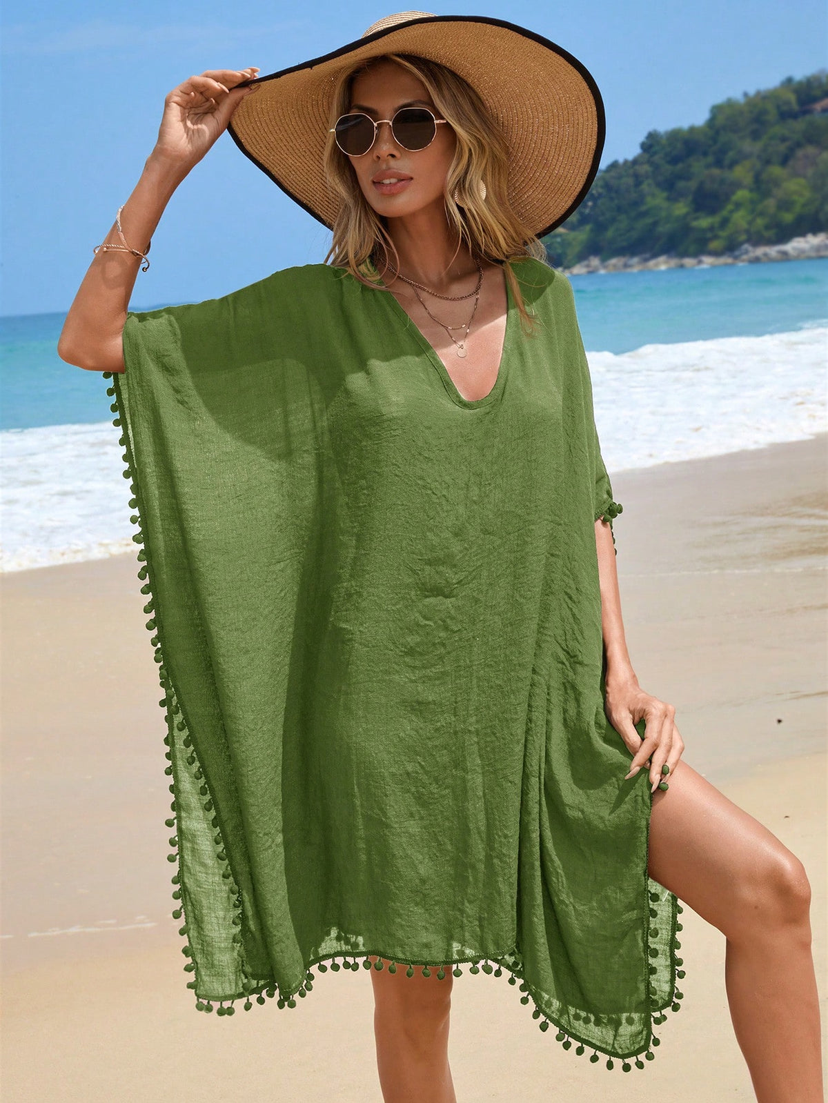 Swim Vcay Summer Beach Pom Pom Trim Batwing Sleeve Cover Up