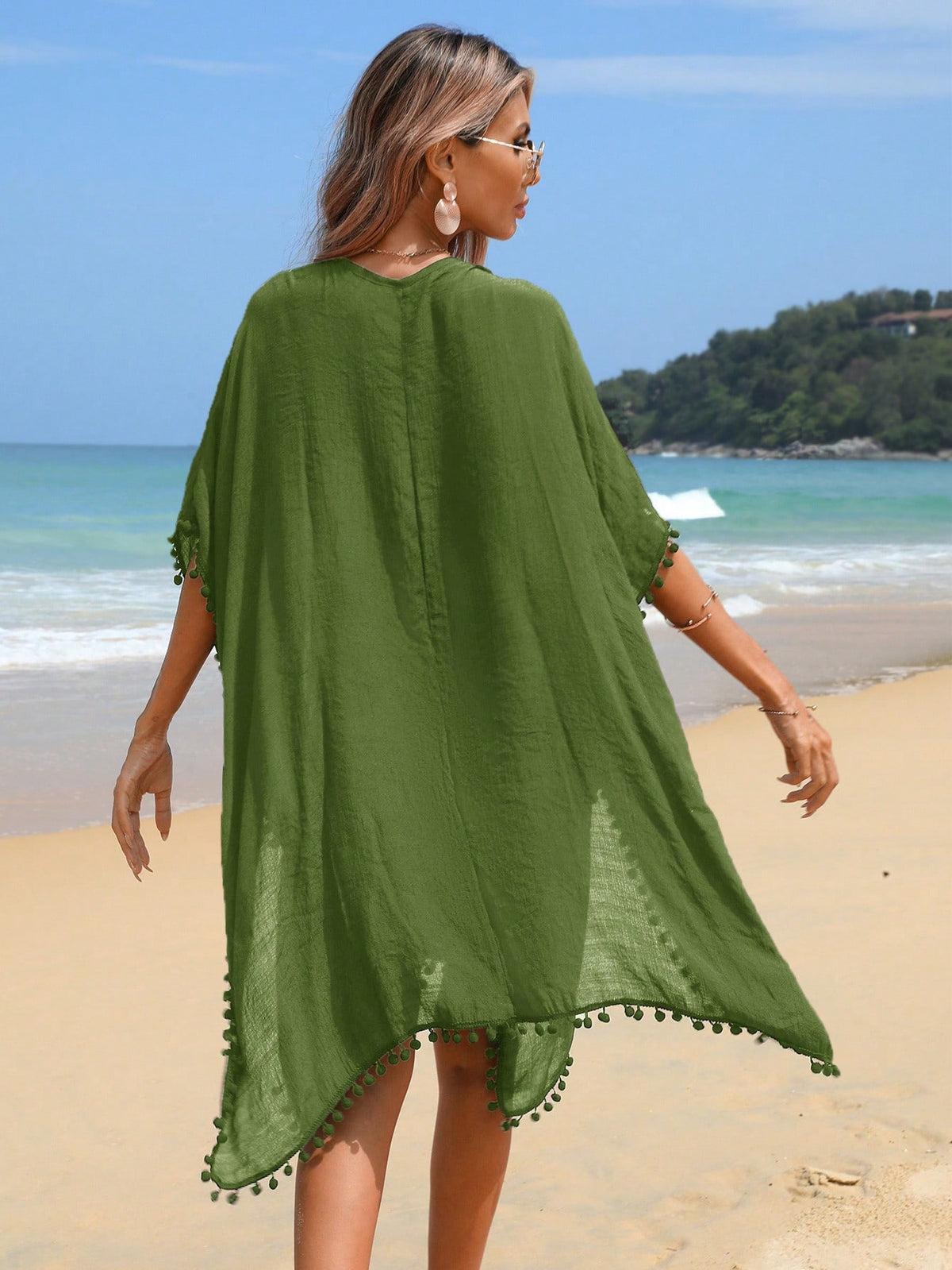Swim Vcay Summer Beach Pom Pom Trim Batwing Sleeve Cover Up