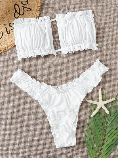 Swim Vcay Summer Beach Ruched Frill Trim Bandeau Bikini Set