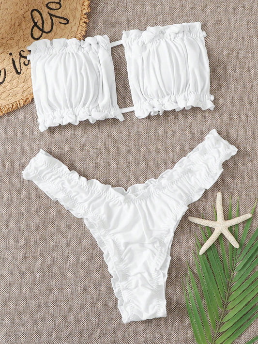 Swim Vcay Summer Beach Ruched Frill Trim Bandeau Bikini Set