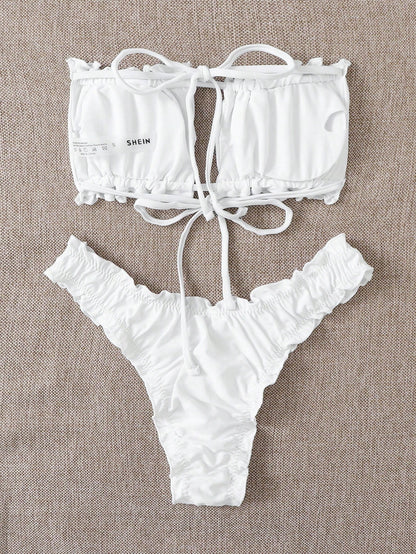 Swim Vcay Summer Beach Ruched Frill Trim Bandeau Bikini Set
