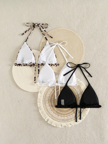 Swim Vcay Summer Springbreak New Sexy & Elegant Halter Neck 3-Piece Swimwear Set, Suitable For Beach, Pool Party