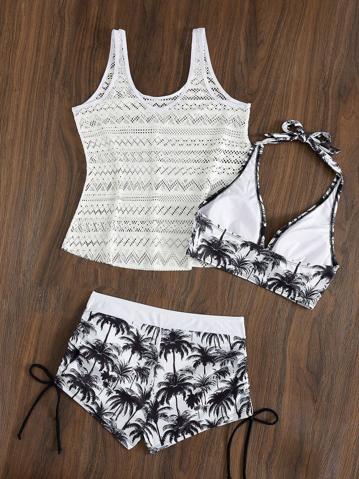 Swim Vcay White Summer Boho Tropical Holiday Pool Party Holiday Coconut Tree Print Shorts,Hollow Out Knit Cover Up & Spaghetti Strap Bikini 3-Piece Set Women