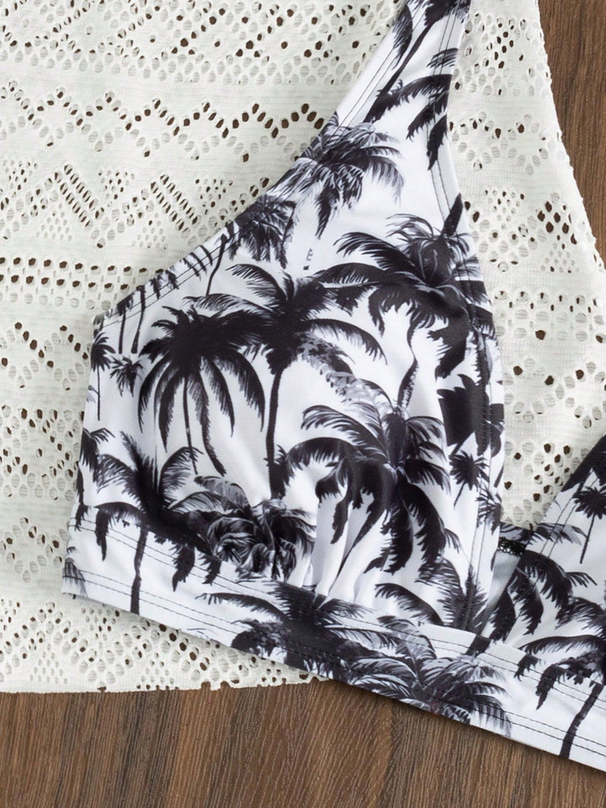 Swim Vcay White Summer Boho Tropical Holiday Pool Party Holiday Coconut Tree Print Shorts,Hollow Out Knit Cover Up & Spaghetti Strap Bikini 3-Piece Set Women
