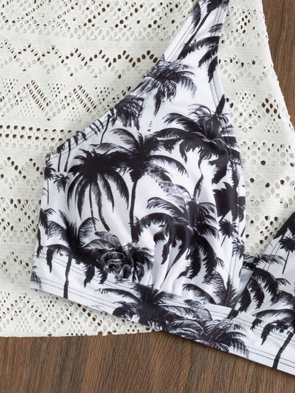 Swim Vcay White Summer Boho Tropical Holiday Pool Party Holiday Coconut Tree Print Shorts,Hollow Out Knit Cover Up & Spaghetti Strap Bikini 3-Piece Set Women