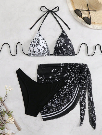 Swim Vcay Women Halter Neck Triangle Bikini Set & Cover-Up Skirt With Paisley Print For Summer Beach Vacation
