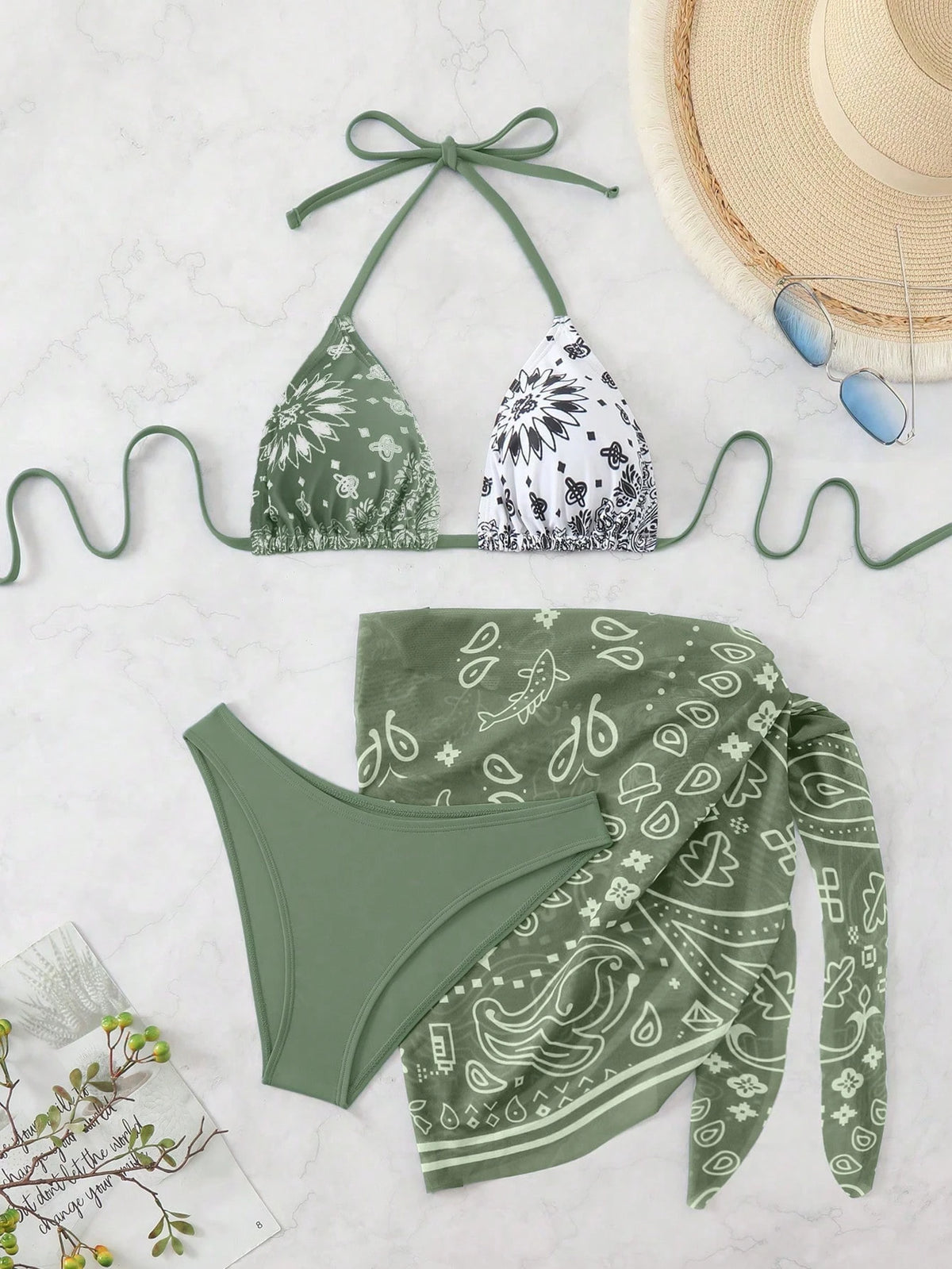 Swim Vcay Women Halter Neck Triangle Bikini Set & Cover-Up Skirt With Paisley Print For Summer Beach Vacation