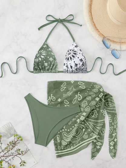 Swim Vcay Women Halter Neck Triangle Bikini Set & Cover-Up Skirt With Paisley Print For Summer Beach Vacation