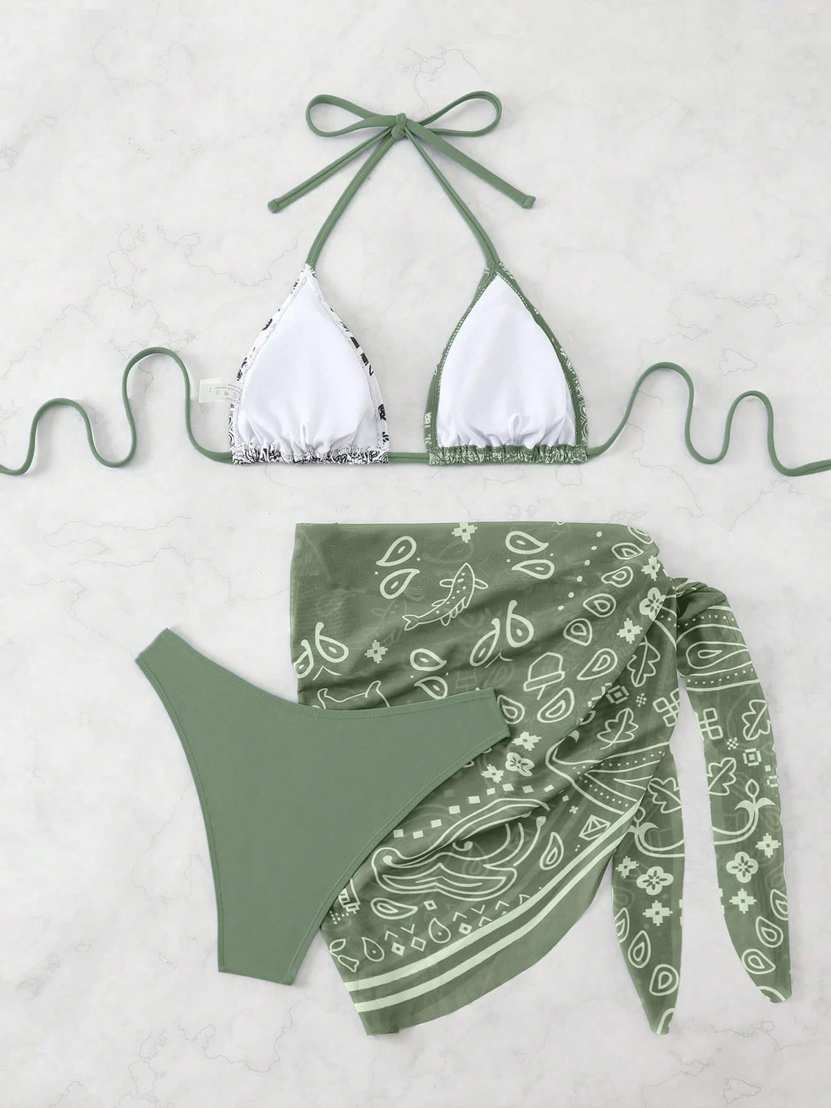 Swim Vcay Women Halter Neck Triangle Bikini Set & Cover-Up Skirt With Paisley Print For Summer Beach Vacation
