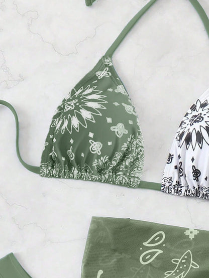Swim Vcay Women Halter Neck Triangle Bikini Set & Cover-Up Skirt With Paisley Print For Summer Beach Vacation