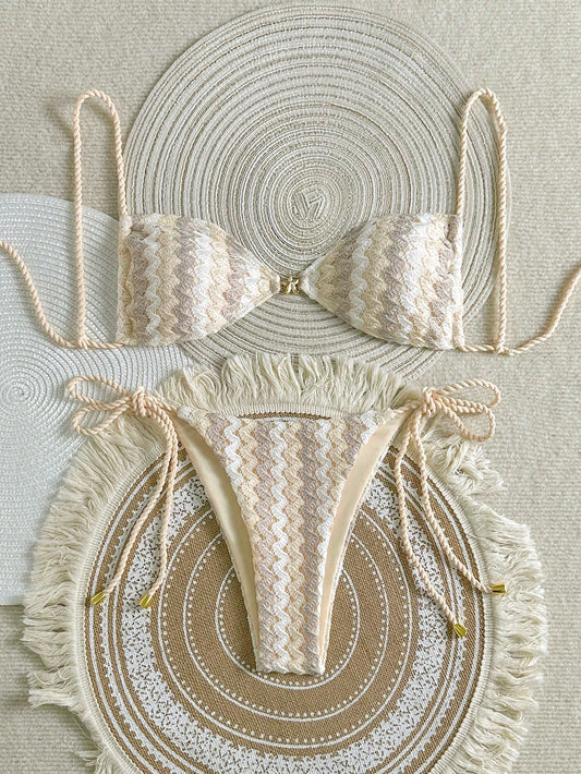 Swim Vcay Women's 2 Pieces Summer Beach Swimwear, Textured Hollow-Out Knit Fabric, Rope Spaghetti Straps, Starfish Decor, Rope Tie Side Bottoms, Bikini Set