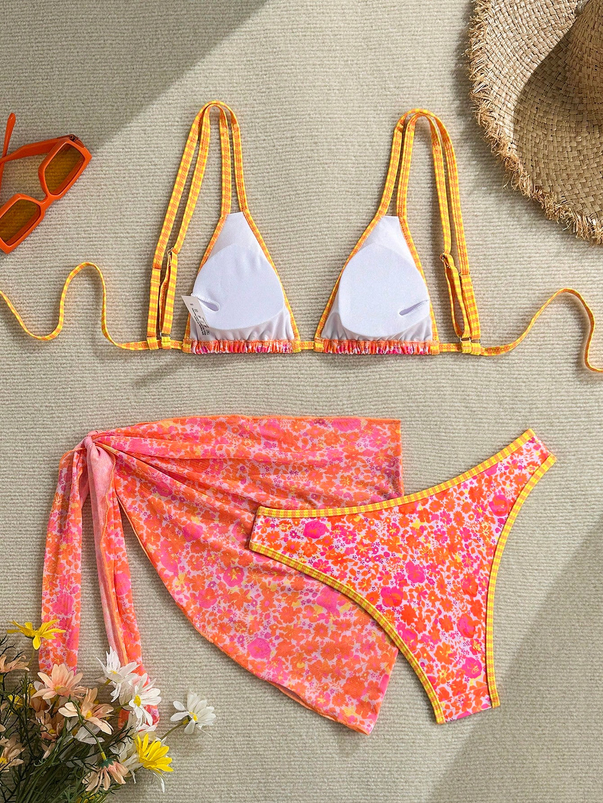 Swim Vcay Women's Coral Orange Floral Print Bikini Set With Yellow Plaid Trim,3-Piece Summer Beach Swimwear With Cover Up Skirt,Casual Holiday Vacation,Holiday