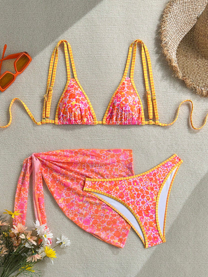 Swim Vcay Women's Coral Orange Floral Print Bikini Set With Yellow Plaid Trim,3-Piece Summer Beach Swimwear With Cover Up Skirt,Casual Holiday Vacation,Holiday