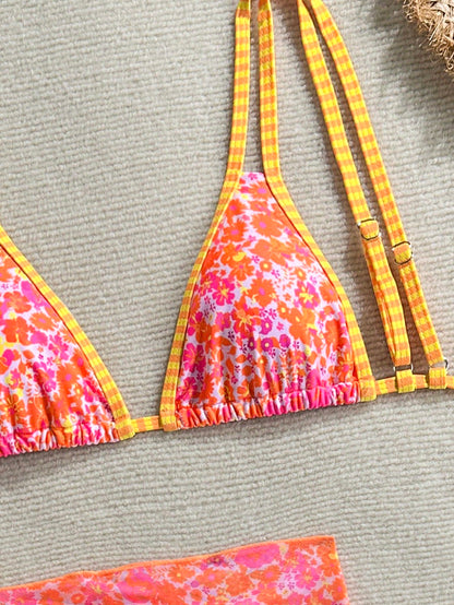 Swim Vcay Women's Coral Orange Floral Print Bikini Set With Yellow Plaid Trim,3-Piece Summer Beach Swimwear With Cover Up Skirt,Casual Holiday Vacation,Holiday