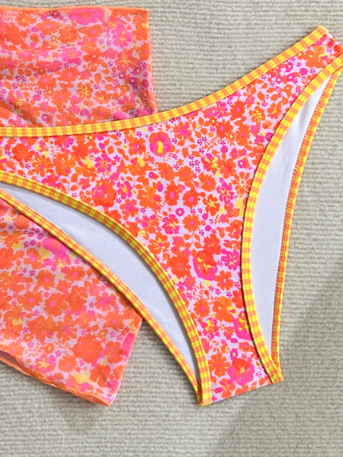 Swim Vcay Women's Coral Orange Floral Print Bikini Set With Yellow Plaid Trim,3-Piece Summer Beach Swimwear With Cover Up Skirt,Casual Holiday Vacation,Holiday