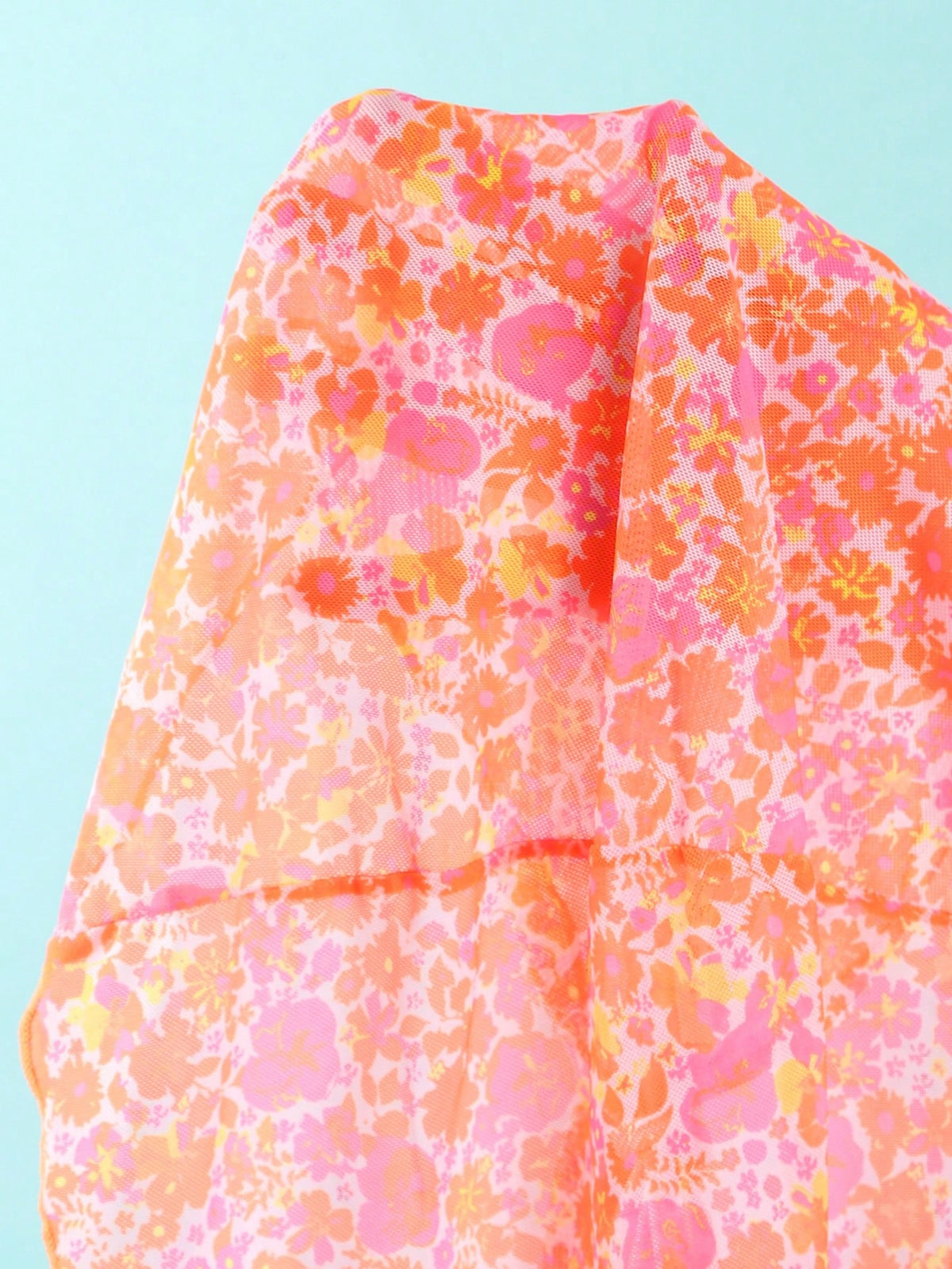 Swim Vcay Women's Coral Orange Floral Print Bikini Set With Yellow Plaid Trim,3-Piece Summer Beach Swimwear With Cover Up Skirt,Casual Holiday Vacation,Holiday