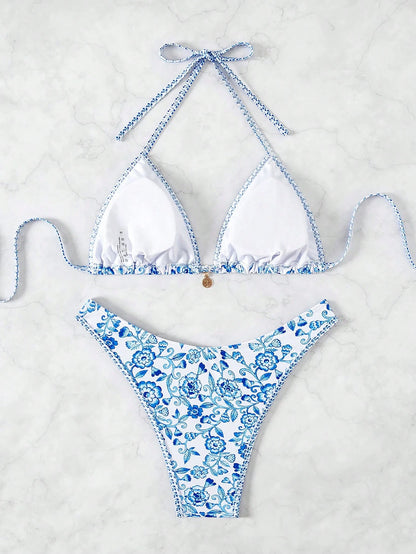 Swim Vcay Women's Floral Print Halter Tie-Up Sexy Bikini 2 Pieces Swimwear Set, Summer Beach