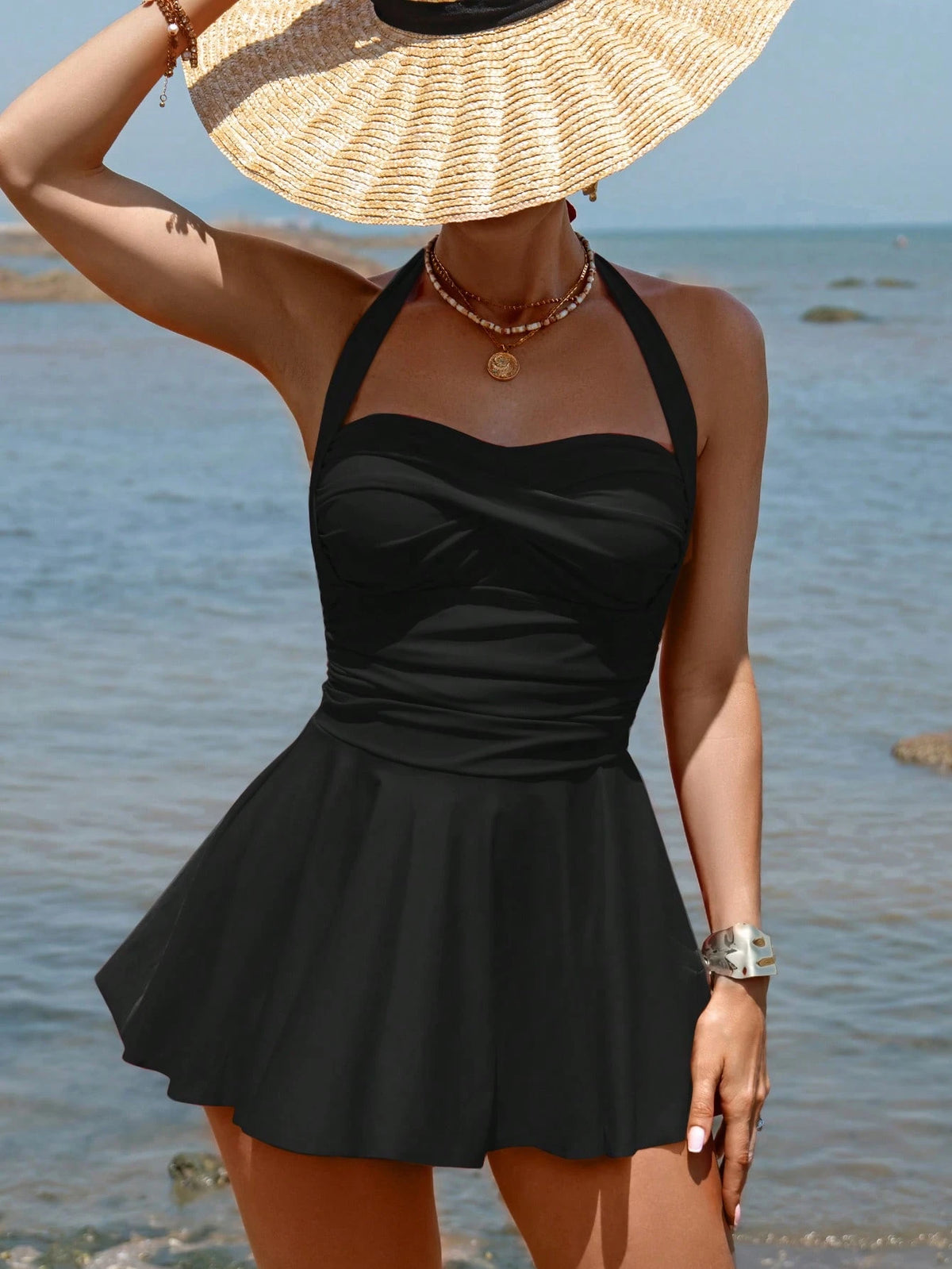 Swim Vcay Women's Solid Color Halter Beach Swim Dress Summer