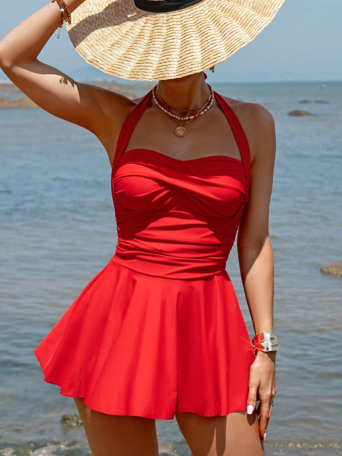 Swim Vcay Women's Solid Color Halter Beach Swim Dress Summer