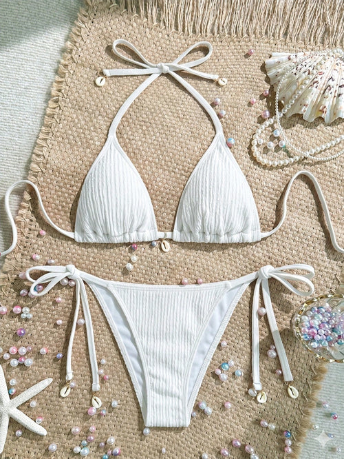Swim Vcay Women's Solid Color Halter Strap Sexy Bikini Set, Summer Beachwear