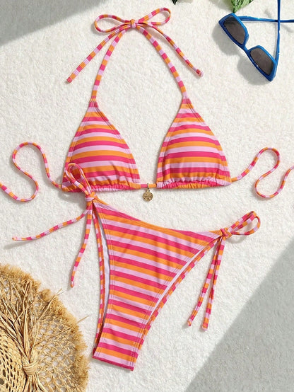Swim Vcay Women's Summer Beach Random Floral Print Halter Tie Sexy Bikini Swimwear Set