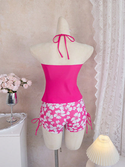 Swim Vcay Women's Summer Beach Vacation Floral Print Knotted Halter Ruched Tankinis Swimwear