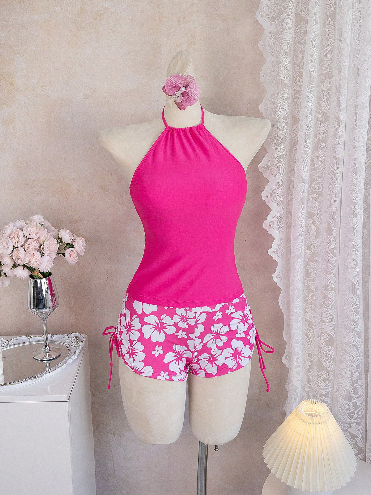 Swim Vcay Women's Summer Beach Vacation Floral Print Knotted Halter Ruched Tankinis Swimwear