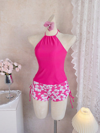 Swim Vcay Women's Summer Beach Vacation Floral Print Knotted Halter Ruched Tankinis Swimwear
