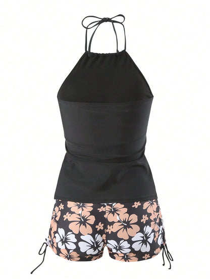 Swim Vcay Women's Summer Beach Vacation Floral Print Knotted Halter Ruched Tankinis Swimwear