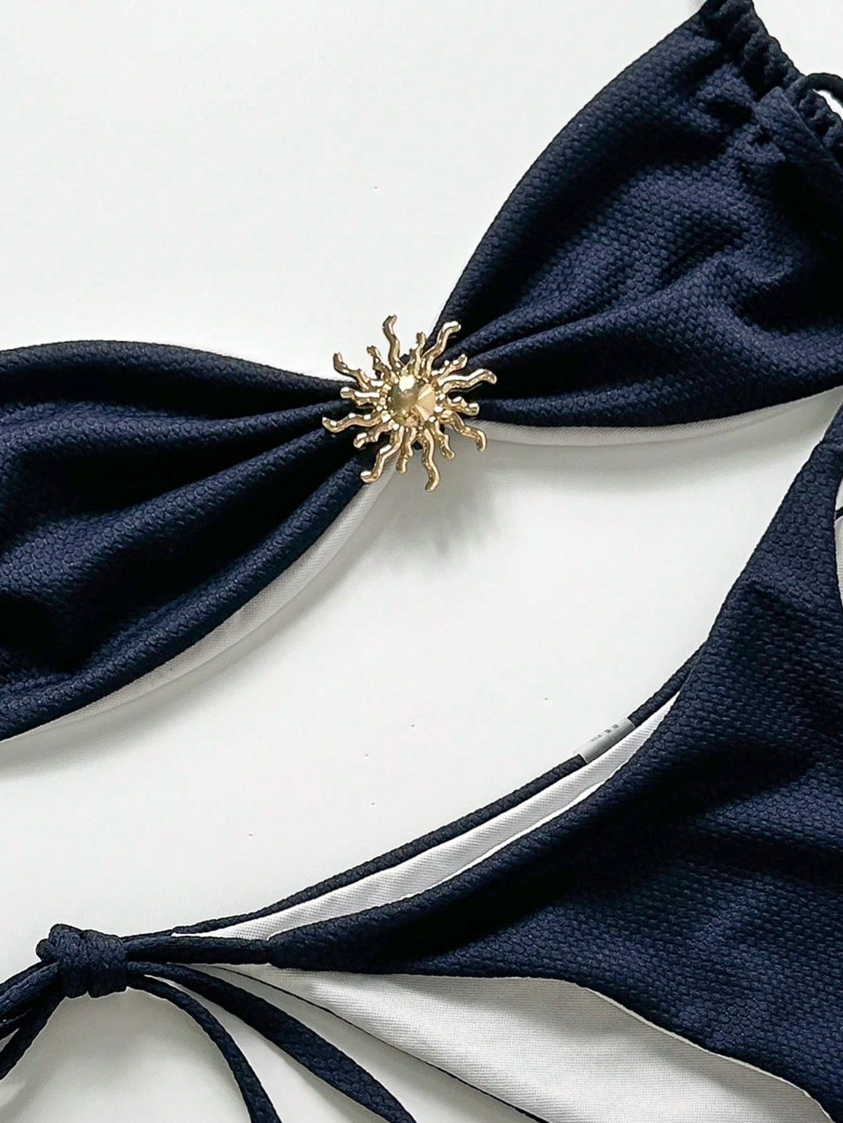 Swim Vcay Women's Textured Navy Bikini Set,Metal Sun Charm Backless Tie Two Tone Swimwear,Blue And White Stripe,Summer,Cute,Beach Vacation,Holiday,Holiday