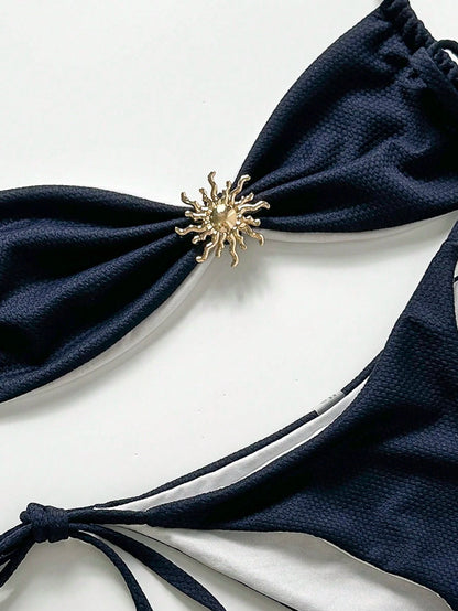 Swim Vcay Women's Textured Navy Bikini Set,Metal Sun Charm Backless Tie Two Tone Swimwear,Blue And White Stripe,Summer,Cute,Beach Vacation,Holiday,Holiday
