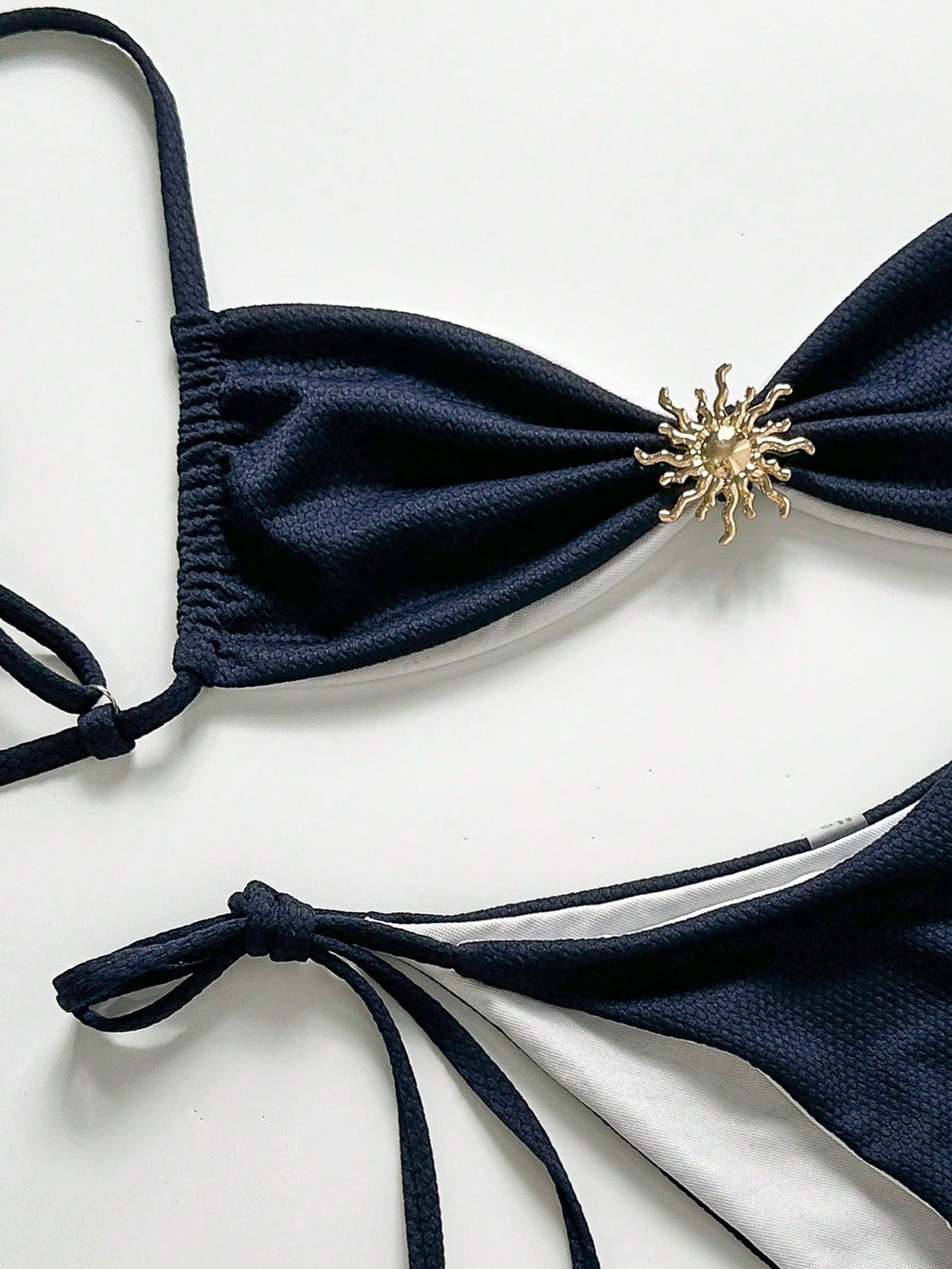 Swim Vcay Women's Textured Navy Bikini Set,Metal Sun Charm Backless Tie Two Tone Swimwear,Blue And White Stripe,Summer,Cute,Beach Vacation,Holiday,Holiday