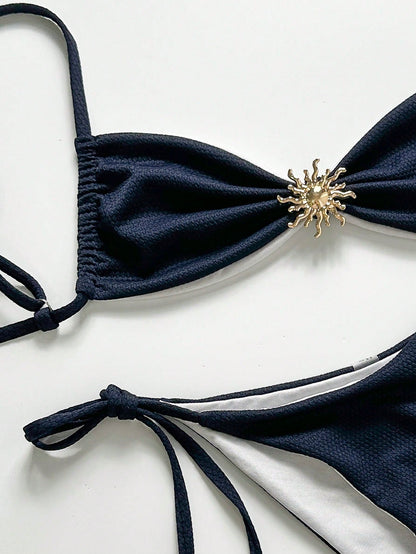 Swim Vcay Women's Textured Navy Bikini Set,Metal Sun Charm Backless Tie Two Tone Swimwear,Blue And White Stripe,Summer,Cute,Beach Vacation,Holiday,Holiday