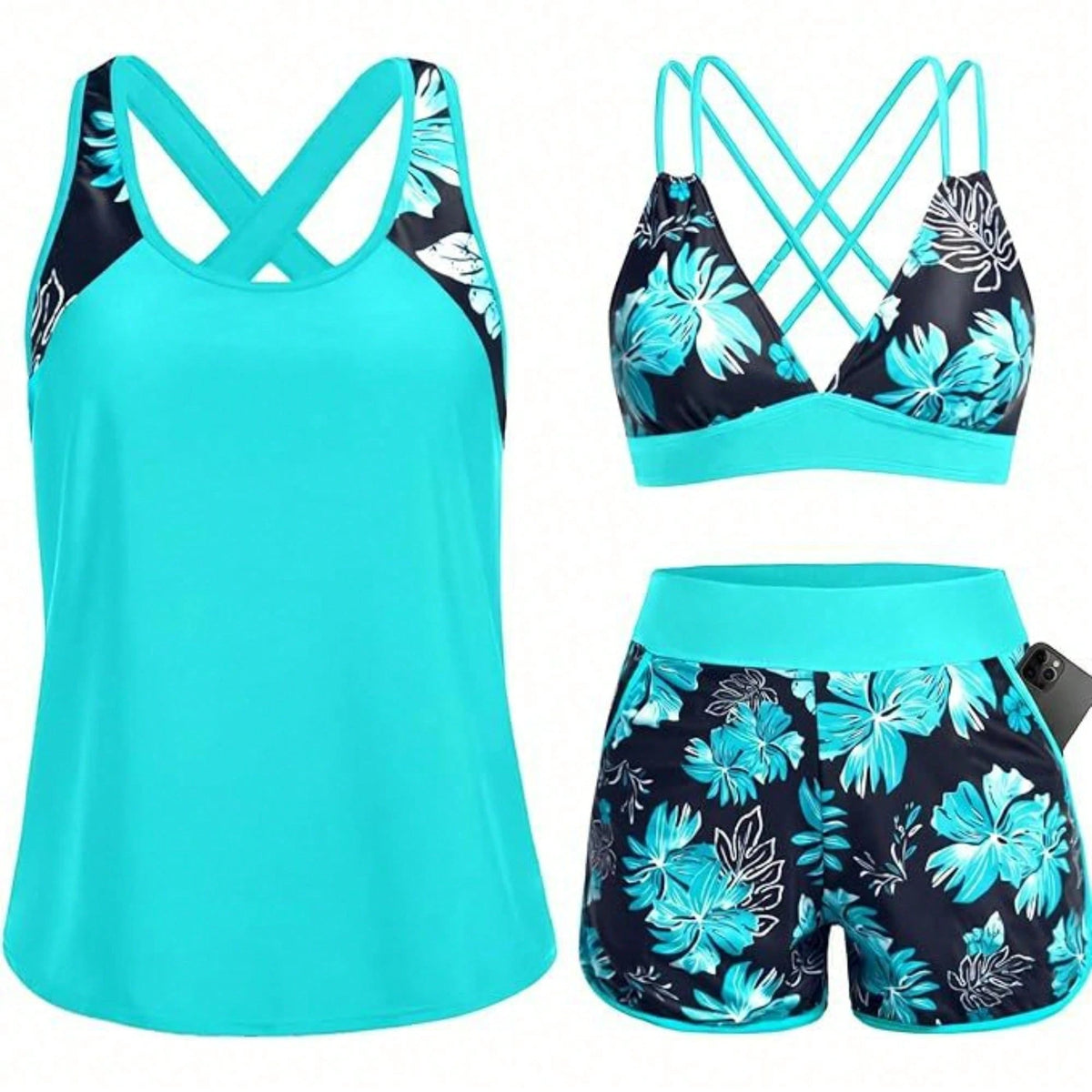 Swim Women 3 Piece Palm Tree Print Crisscross Back Bikini Set With Cross Back Tank Cover Up Swim Shorts Bathing Suit