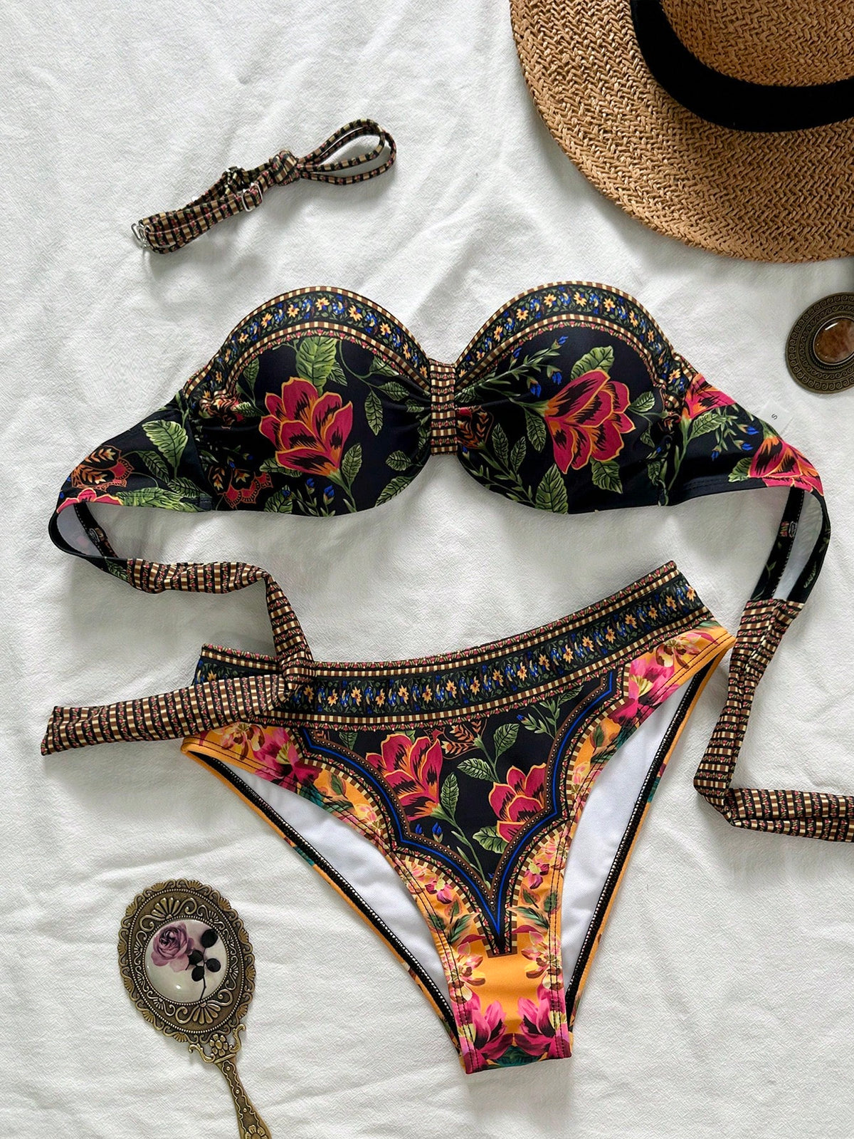 Swim Women's New Random Print Spaghetti Strap Backless Push Up Bikini Set, Fashion Swimwear For Spring/Summer