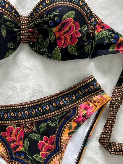 Swim Women's New Random Print Spaghetti Strap Backless Push Up Bikini Set, Fashion Swimwear For Spring/Summer