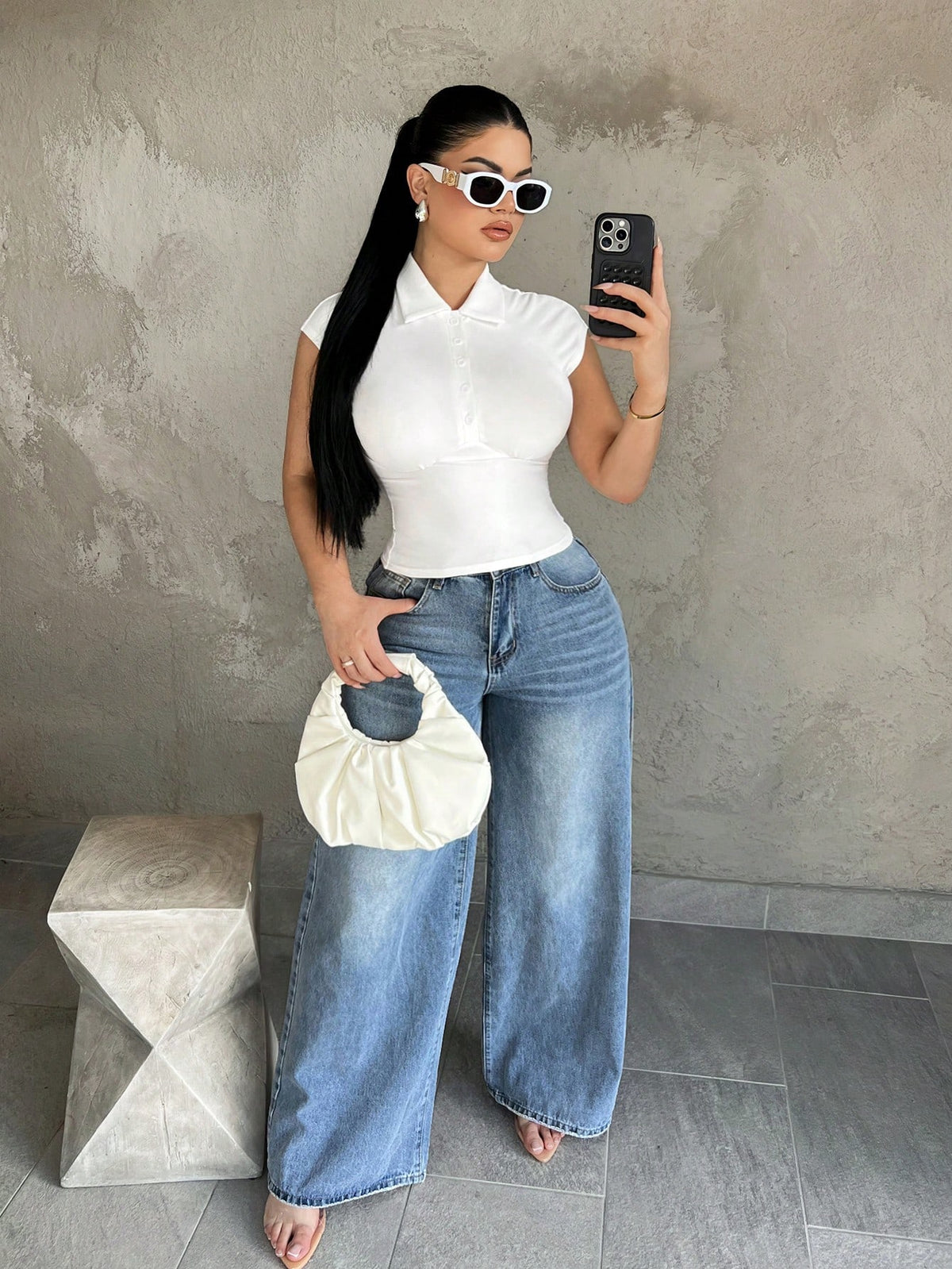 SXY White Summer Seksi Chic Night Out Women's Polo Collar Button Up Fitted Waist T-Shirt,Casual Solid Short Sleeve Summer Top,Elegant Business Blouse