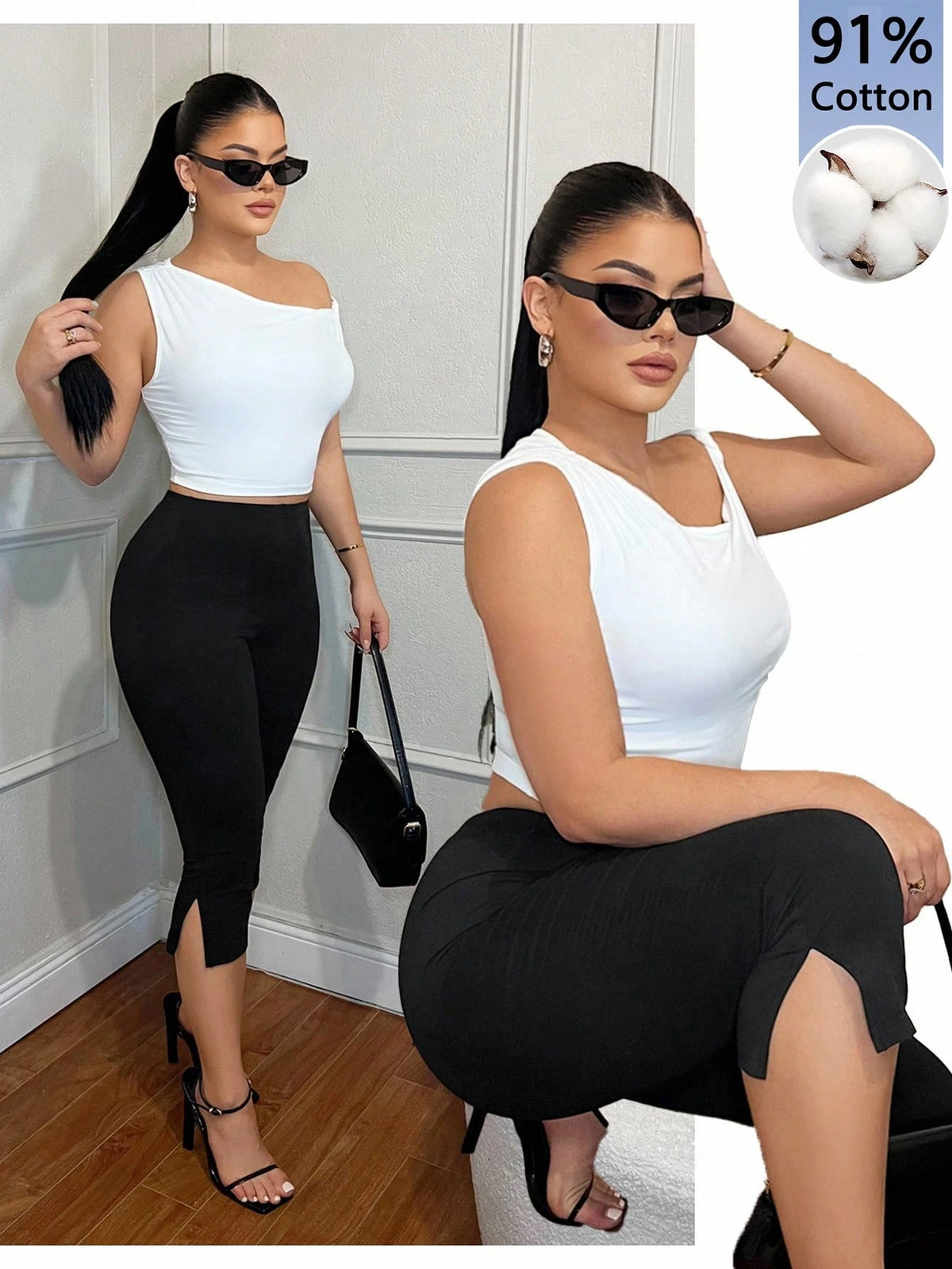 SXY Women's 91% Cotton Black Summer Basic Casual Pilates Slim Fit Split-Hem Capri Leggings,Workout & Yoga Pants,Business Office Old Money Style Outfits